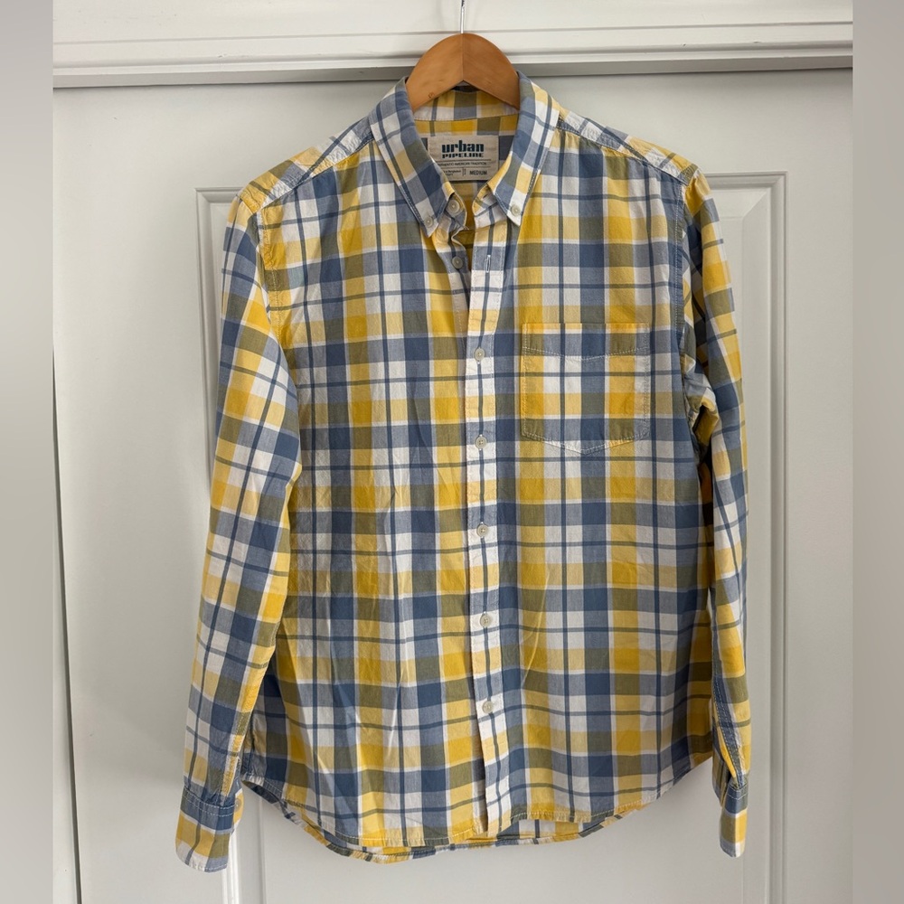 Urban Pipeline Men’s Medium Plaid Button-Down Shirt | Yellow Blue Casual Cotton